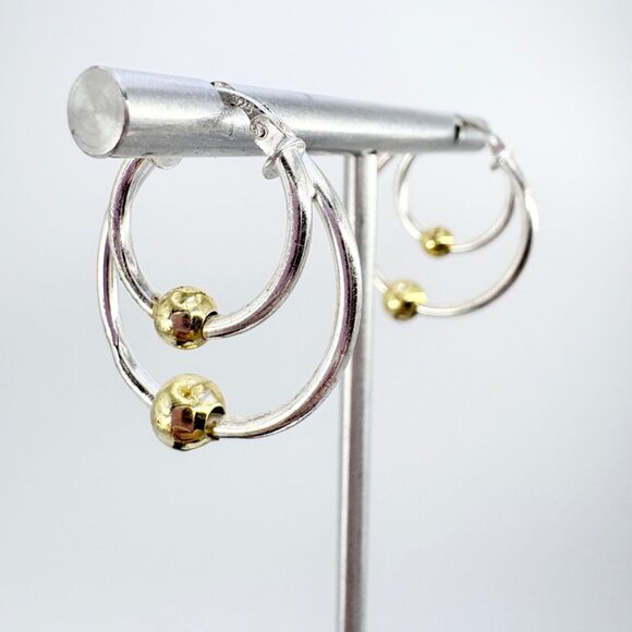 Two Tone Sterling Silver 925 Gold Bead Double Hoop Earrings Size 1" Length - Picture 1 of 7